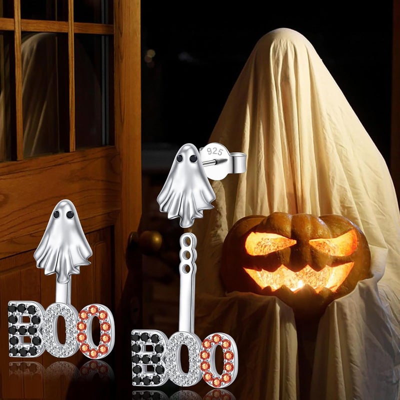 Flyow S925 Sterling Silver Ghost Boo Posts Ear Jacket Earrings for Women Front & Back Stud Earring Jackets Halloween Earrings - Image 2